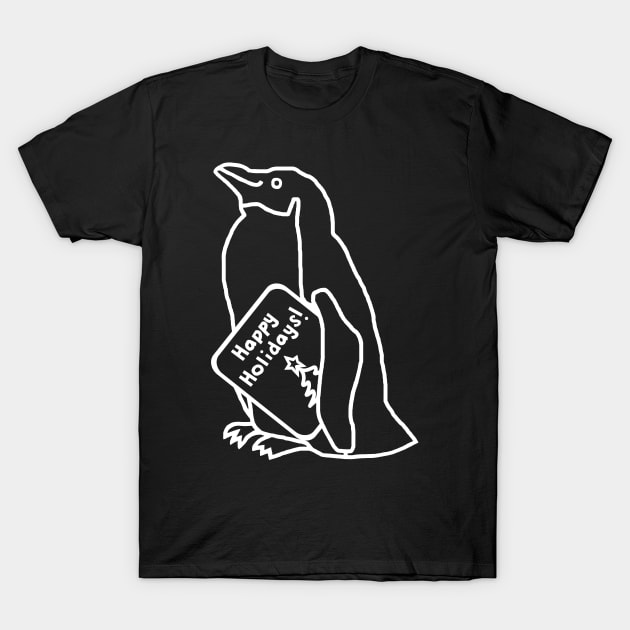 White Line Drawing Cute Christmas Penguin says Happy Holidays T-Shirt by ellenhenryart